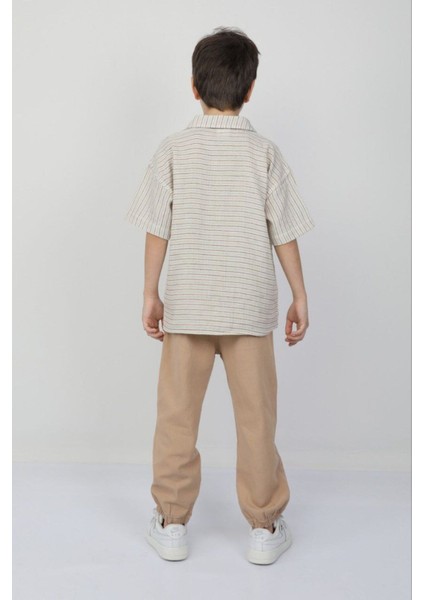 Çizgili Pamuklu Keten Gömlek Gabardin Kumaş Pantolon Erkek Çocuk Günlük Spor Takım Bayramlık fiyatları