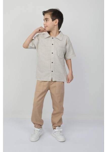 Çizgili Pamuklu Keten Gömlek Gabardin Kumaş Pantolon Erkek Çocuk Günlük Spor Takım Bayramlık fırsatları