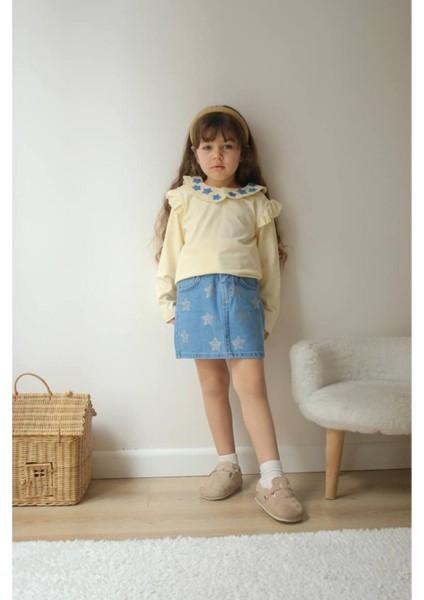 Yıldızlı Kot Etekli Kız Takımı Pamuklu