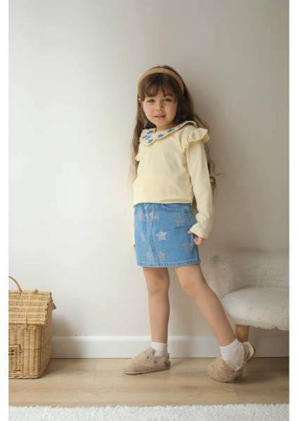 Yıldızlı Kot Etekli Kız Takımı Pamuklu modelleri