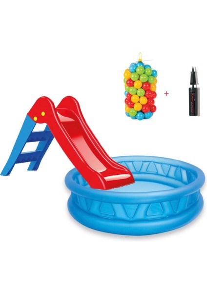 Intex Mavi kaydıraklı oyun seti havuz ve top seti, pompa dahil, eğlenceli yaz aktivitesi