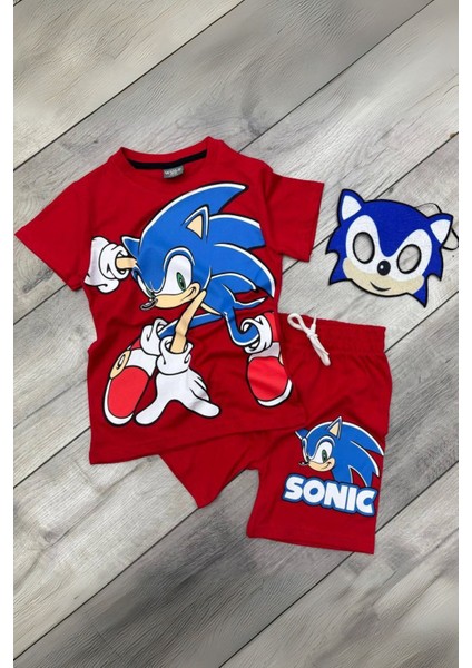 Baskılı Tişört Şort ve Sonic Maskeli Kırmızı Renk Çocuk Takım