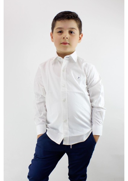 Erkek Çocuk Kendinden Desenli Uzun Kol Gömlek