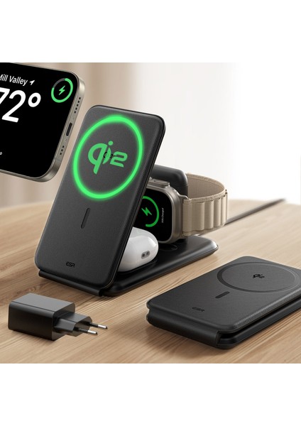 3 In 1 15W iPhone + Airpods + Apple Watch Magsafe Deri Seyahat Şarj Standı Halolock Qi2 Siyah ( Apple Mfm Lisans ) + ( 20W Şarj Adaptör ile Gelir )