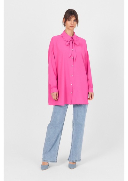 Pembe Fırfır Yaka Detaylı Bağlamalı Tunik 4586A