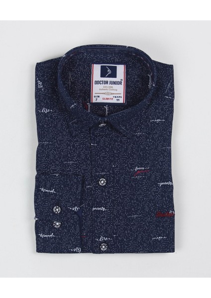 Erkek Çocuk Katlanır Kollu Yazılı Slim Fit Gömlek