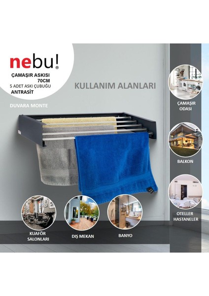 70 cm Medium Antrasit Iç ve Dış Mekan Duvara Monte Dekoratif Çamaşır Kurutma Askısı