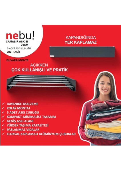 70 cm Medium Antrasit Iç ve Dış Mekan Duvara Monte Dekoratif Çamaşır Kurutma Askısı fiyatları