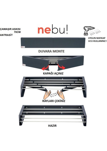 70 cm Medium Antrasit Iç ve Dış Mekan Duvara Monte Dekoratif Çamaşır Kurutma Askısı fırsatları