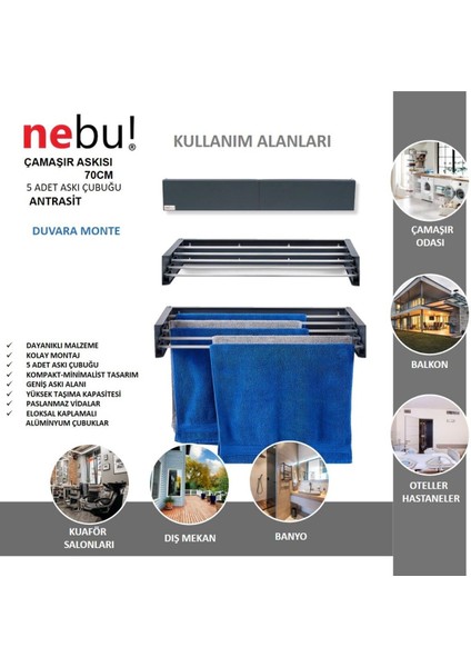 70 cm Medium Antrasit Iç ve Dış Mekan Duvara Monte Dekoratif Çamaşır Kurutma Askısı indirimleri