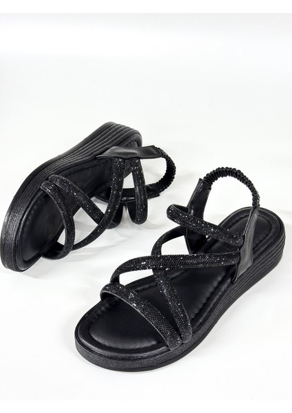 BA04579 Siyah S Kadın Çapraz Taşlı Arka Lastikli Yumuşak Tabanlı 4cm Sandalet - 40