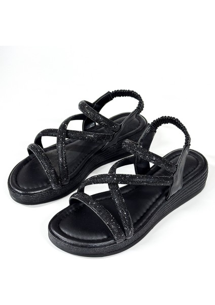 BA04579 Siyah S Kadın Çapraz Taşlı Arka Lastikli Yumuşak Tabanlı 4cm Sandalet - 40