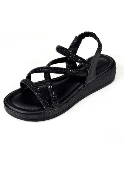 BA04579 Siyah S Kadın Çapraz Taşlı Arka Lastikli Yumuşak Tabanlı 4cm Sandalet - 40