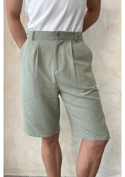 Erkek Pileli Baggy Keten Şort