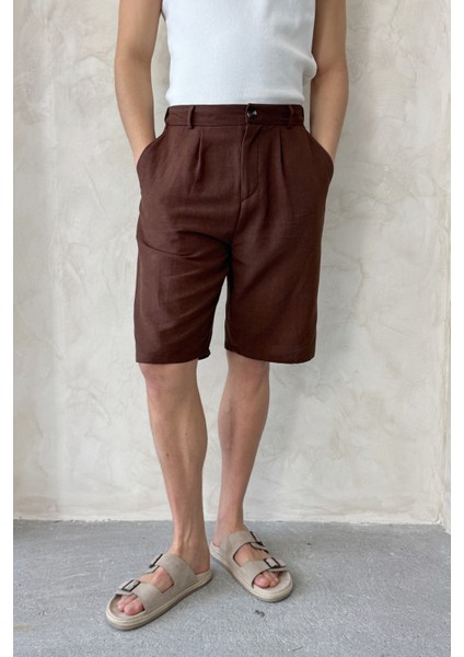 Erkek Pileli Baggy Keten Şort