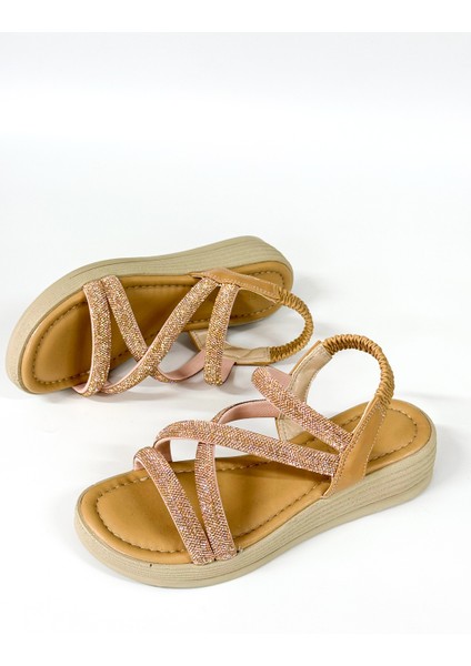 BA04579 Nude Kadın Çapraz Taşlı Arka Lastikli Yumuşak Tabanlı 4cm Sandalet - 37