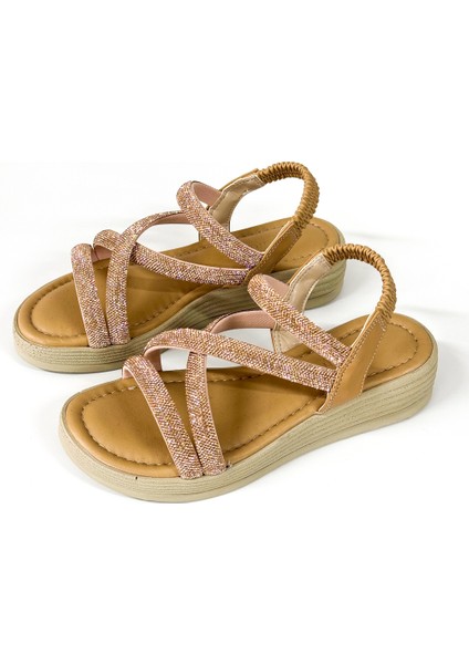 BA04579 Nude Kadın Çapraz Taşlı Arka Lastikli Yumuşak Tabanlı 4cm Sandalet - 37
