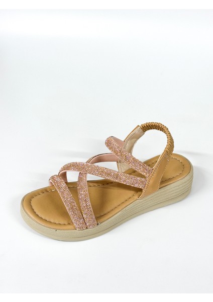 BA04579 Nude Kadın Çapraz Taşlı Arka Lastikli Yumuşak Tabanlı 4cm Sandalet - 37