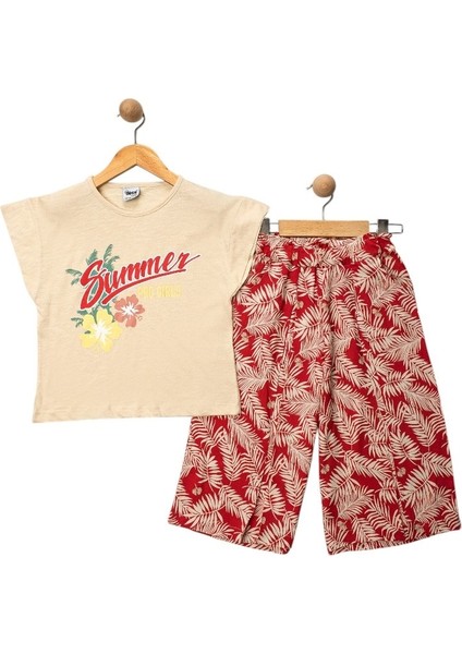 Summer Tşört Yaprak Desenli Pantolon Kız Çocuk Alt/üst Takım 7-10 Yaş