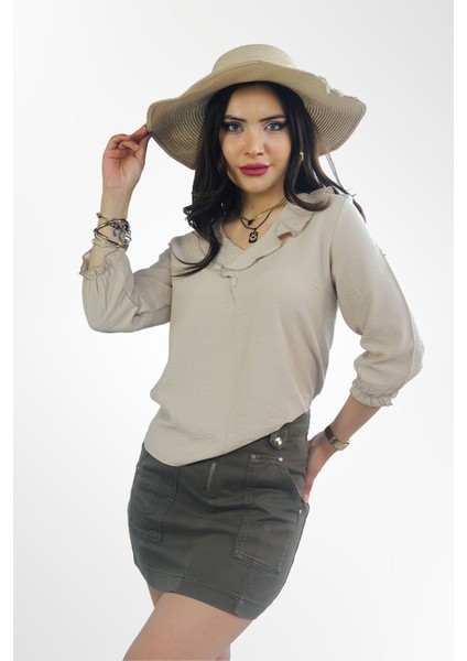 Kadın Bej Şık Rahat Kesim Uzun Kollu V Yaka Fırfırlı Bluz - Günlük ve Ofis Kombinleri Için fiyatları