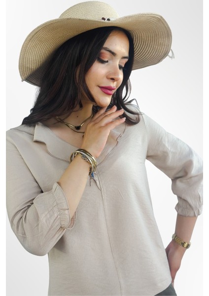 Kadın Bej Şık Rahat Kesim Uzun Kollu V Yaka Fırfırlı Bluz - Günlük ve Ofis Kombinleri Için modelleri