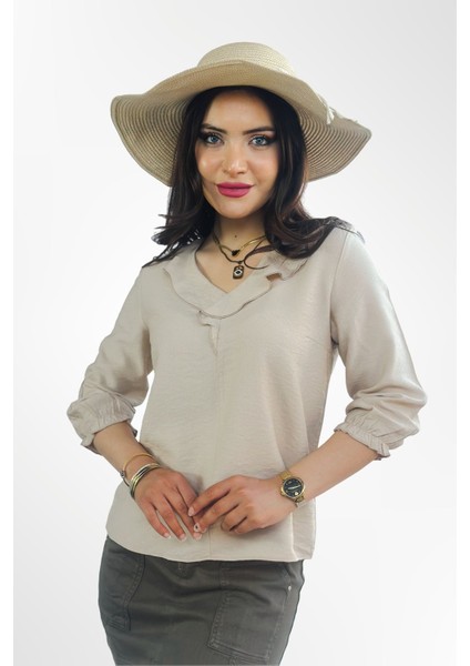 Kadın Bej Şık Rahat Kesim Uzun Kollu V Yaka Fırfırlı Bluz - Günlük ve Ofis Kombinleri Için fırsatları