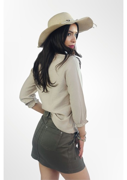 Kadın Bej Şık Rahat Kesim Uzun Kollu V Yaka Fırfırlı Bluz - Günlük ve Ofis Kombinleri Için indirimleri