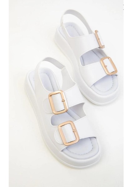BA04579 Beyaz Kadın Iki Toka Arka Lastikli Yumuşak Tabanlı 4cm Sandalet - 38