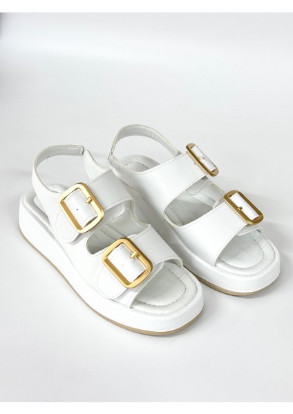 BA04579 Beyaz Kadın Iki Toka Arka Lastikli Yumuşak Tabanlı 4cm Sandalet - 38 fırsatları