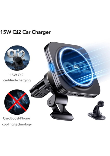 15W Qi2 Magsafe Kablosuz Araç Şarj Cihazı Halolock - Siyah