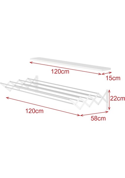 Akordiyon Çamaşır Kurutmalık - Duvara Monte, Katlanabilir Çamaşırlık 120 cm Beyaz - Uçan Raf Hediye