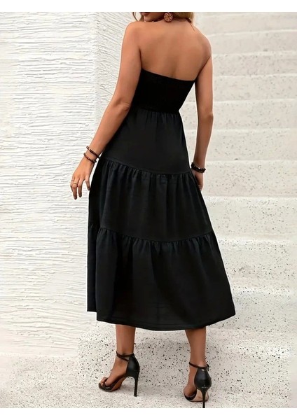 Kadın Straplez Göğüsten Lastikli Kloş Aerobin Uzun Elbise modelleri