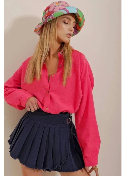 Kadın Keten Kumaş Oversize Gömlek