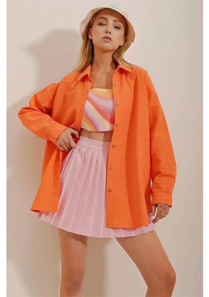 Kadın Keten Kumaş Oversize Gömlek