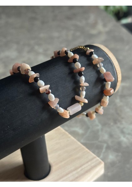 Doğaltaş Şans Kolyesi | Akik, Pembe Kuvars, Güneş Taşı, Inci - N0.1