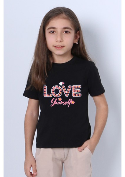 Kız Çocuk Tshirt Love Baskılı Bisiklet Yaka D28