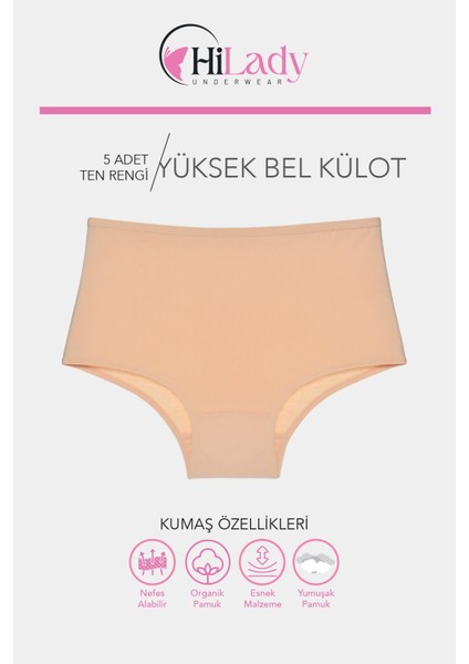 Kadın Külot 5'li Paket Yüksek Bel Külot, Likralı Pamuklu Kumaş fiyatları