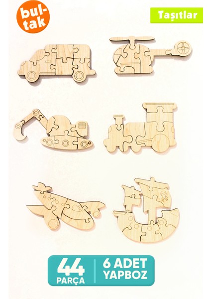 Ahşap Taşıtlar Puzzle Seti | 6'lı Eğitici Yapboz | 44 Parça | Montessori Oyuncak - Eğitici Oyuncak