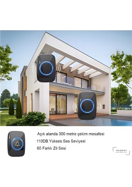 Kapı Zili 1 Buton 2 Alıcı Kablosuz Ledli Modern 300METRE Menzil 60 Çeşit Zil 5 Seviye Ses modelleri