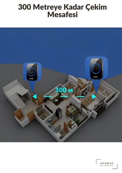 Kapı Zili 1 Buton 2 Alıcı Kablosuz Ledli Modern 300METRE Menzil 60 Çeşit Zil 5 Seviye Ses fırsatları