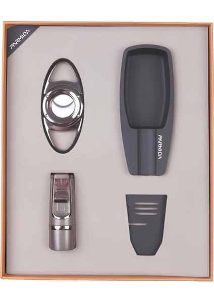 Çakmak Kesici Küllük Sehpa Dörtlü Siyah-Gunmetal Puro Seti