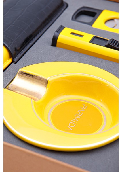 Çakmak Kesici Kılıf Küllük Sehpa Beşli Sarı Puro Seti fiyatları