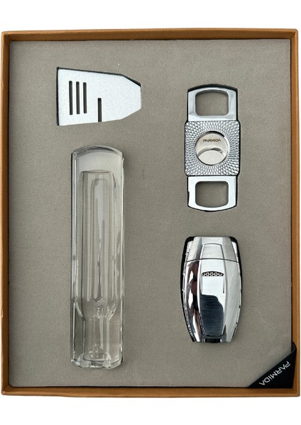 Çakmak Kesici Küllük Sehpa Dörtlü Gümüş Puro Seti