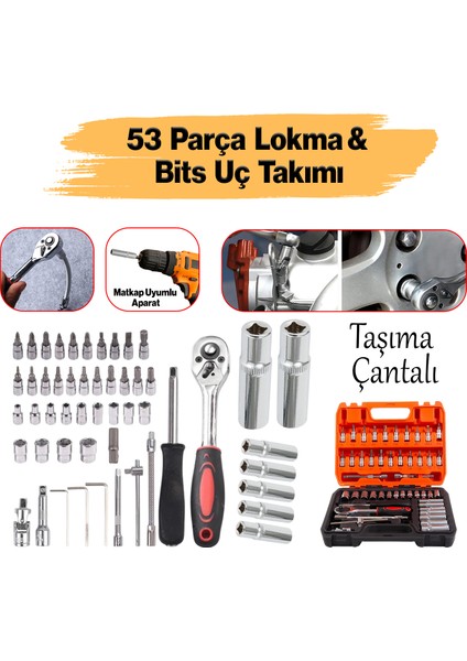 Lokma Anahtar Takımı 53 Parça Uzatma Kolu Mafsallı 1/4 Yıldız Hex Tork Düz Set Bits Uç Allen