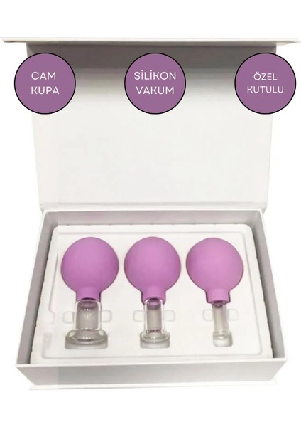 Silikon Vakumlu Cam Yüz Masaj Kupası 3'lü Set Koyu Mor