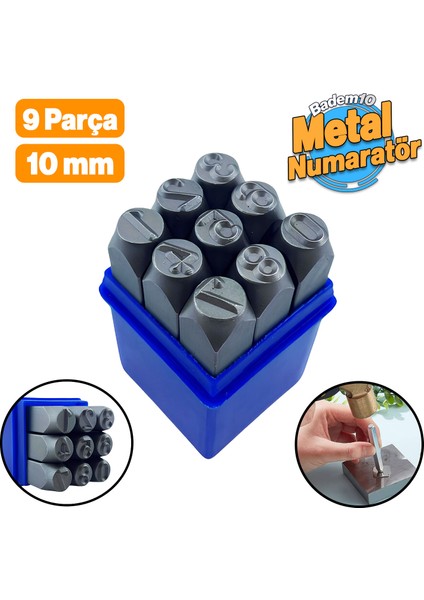 Çelik 10 mm Numaratör 9 Parça Harf Rakam Uç Seti Damgalama Takımı Metal Kazıma 3/8