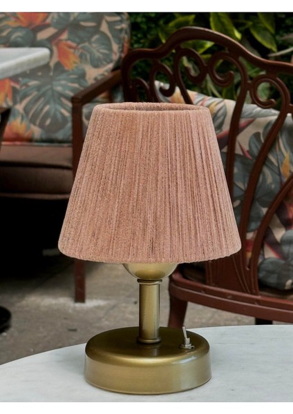 Açık Kahverengi Kadife Kablosuz Masa Lambası Eskitme Gold Ayaklı Abajur Aydınlatma