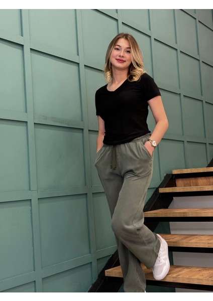 Kadın Beli Lastlkli Tensel Kumaş Spor Rahat Bol Paça Pantolon