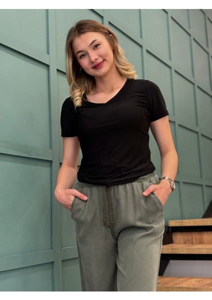 Kadın Beli Lastlkli Tensel Kumaş Spor Rahat Bol Paça Pantolon