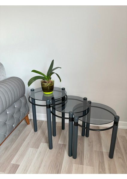 Yonca Zigon Sehpa Ahşap ve Metal Füme Cam Antrasit Gri